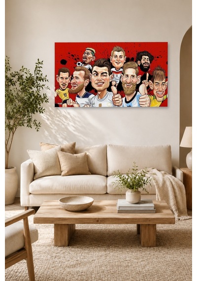 Tam Renk Futbolcu Karikatür Dekoratif Kanvas Duvar Tablosu Çok Renkli
