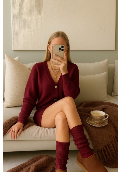 Ozzy Socks Tozluk Akrilik Triko Örgü Leg Warmer Ayak Isıtıcı Bordo Bordo
