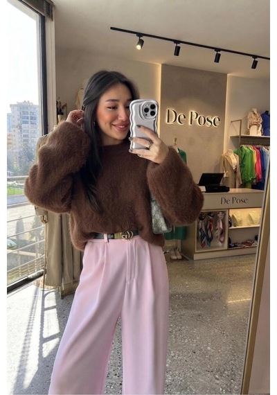 De Pose Kadın Triko Peluş Kazak Kahverengi