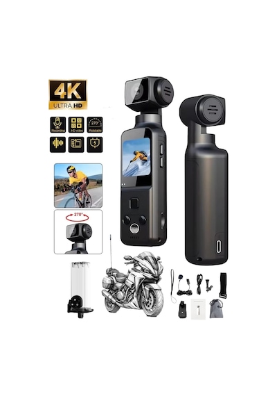 4k Ultra Hd Mini Aksiyon Vlog Kamerası Wi-fi , 270 Döner Lens Eıs Stabilizasyon +su Geçirmez Kabı Siyah