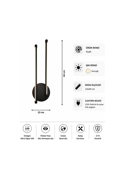 AvizeGO Oris Modern Led Duvar Apliği Günışığı Siyah