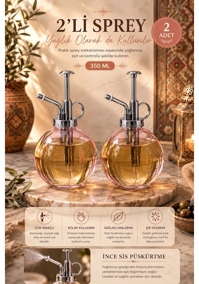 Porsima 15729 2'li Cam Sprey Şişe Seti 350 Ml Pembe Cam Çiçek Bitki Sulama Püskürtücü & Sprey Yağdanlık
