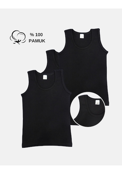 Alya Underwear Erkek Çocuk Pamuk Ribana Atlet Oval Yaka 3'lü Paket Siyah-t10