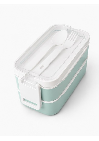 2 Katlı Plastik Kaşık Ve Çatallı Kilitli Lunch Box Yeni Nesil Sefer Tası 7 Parça Sızdırmaz Kapaklı Beslenme Kabı Açık Yeşil