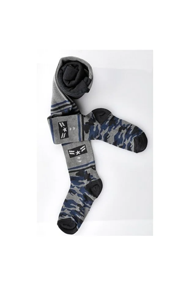Veraye Socks Erkek Çocuk 3'lü Asker Desen Külotlu Çorap Mavi-gir