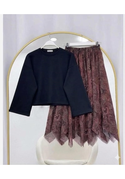 Lovie Moda Basic Bluz Asimetrik Kesim Astarlı Şifon Etekli Takım Siyah-bordo