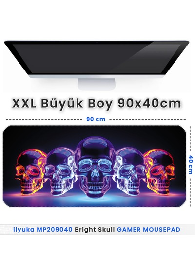 90x40cm Bright Skull Xxl Büyük Boy İlyuka Gaming Oyuncu Mousepad