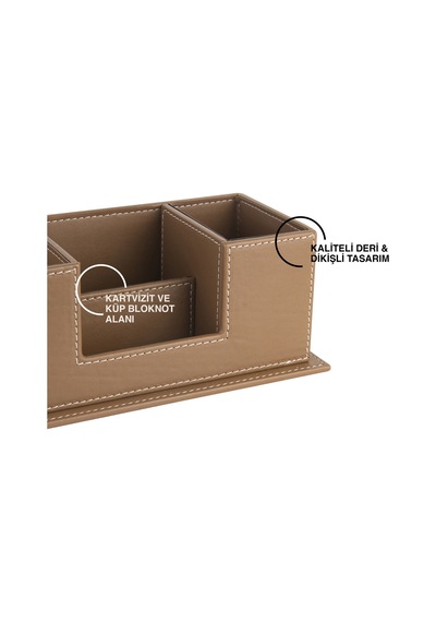 Masaüstü Deri Organizer Kalemlik 4 Gözlü Desktop Organizer Rainbow Vegan 10x12x25 Cm. Vizon