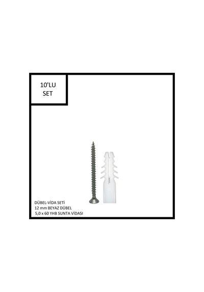 Dübel-vida Seti, Beyaz Dübel 12 Mm, 5,0x60 Yhb Sunta Vidası, 10 Adet