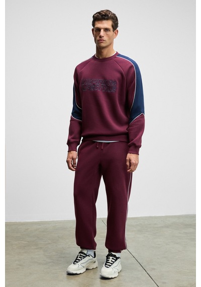 Grımelange Hercules Erkek Bisiklet Yaka Önü Nakışlı Kolları Biyeli Bordo Sweatshirt Bordo