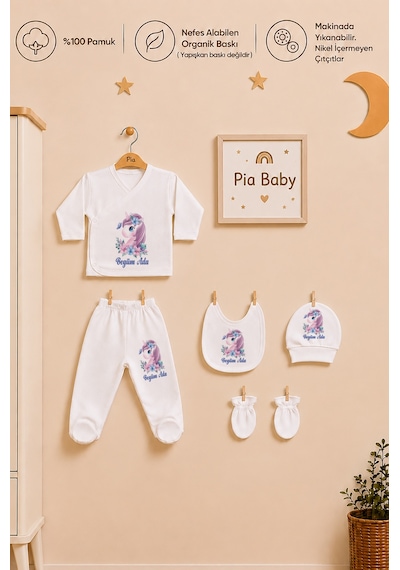 Pia Baby İsme Özel Kız Bebek %100 Pamuk Zıbın Şapka Önlük Eldivenli Set 2028z3x Krem