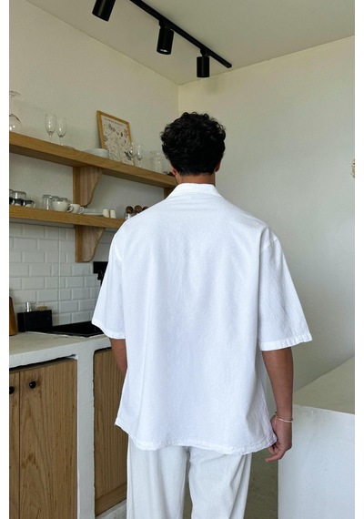Flaw Basic Oversize Kısa Kol Keten Gömlek Beyaz-26088 Beyaz