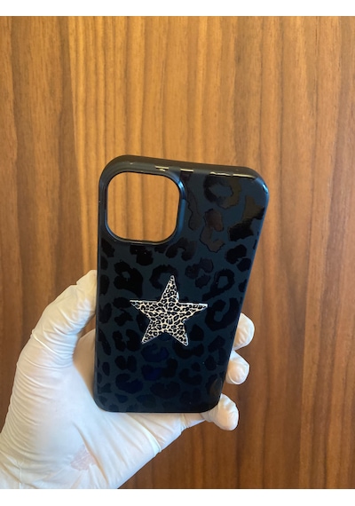 Apple iPhone Uyumlu 13/14 Leopar Baskılı İçi Kadife Silikon Telefon Kılıfı Siyah