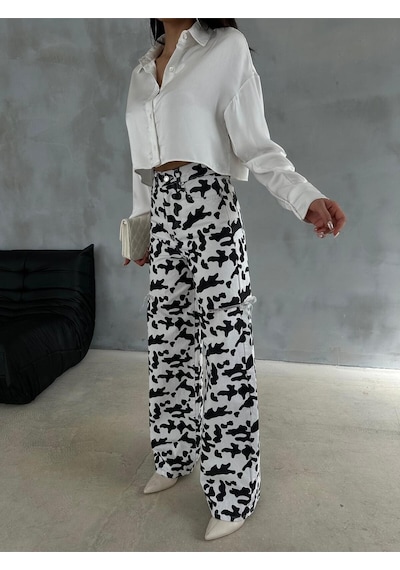 Zeo Basic Baggy Pantolon Beyaz&siyah İnek Desenli Yanlardan Lazerli Beyaz