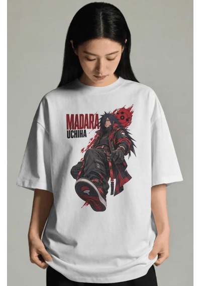 Unisex Oversize Madara Uchiha Naruto Anime Karakter Ön Baskılı Pr Beyaz