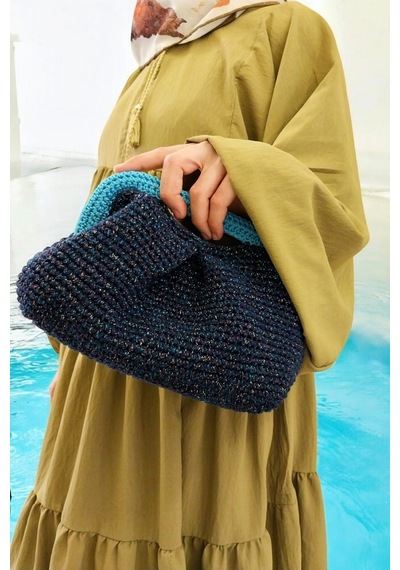 Kemzey Handmade Parlak Tutmalı El Çantaları , El Yapımı Işıltılı Clutch, Örgü El Çantası Lacivert
