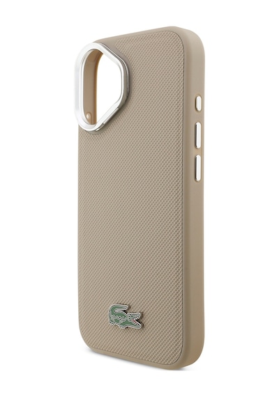 Apple Uyumlu iPhone 17  Kılıf Lacoste Lisanslı M-safeli Pu Pike Desenli Standlı Metal Logolu Kapak Bej Bej