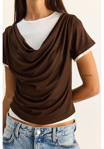 Shade Kadın Çift Kat Görünümlü Degaje Yaka Kısa Kol T-shirt 6140 60286132 - Acı Kahve Acı Kahverengi