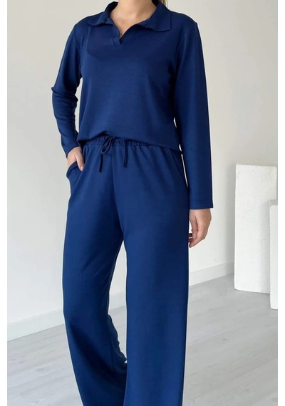 Balenbi Kadın Modal Kumaş Polo Yaka Uzun Kollu Takım 1126 Lacivert
