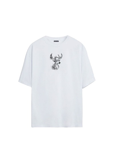 Thewert Unisex Geyik Baskılı Beyaz Oversize Tshirt