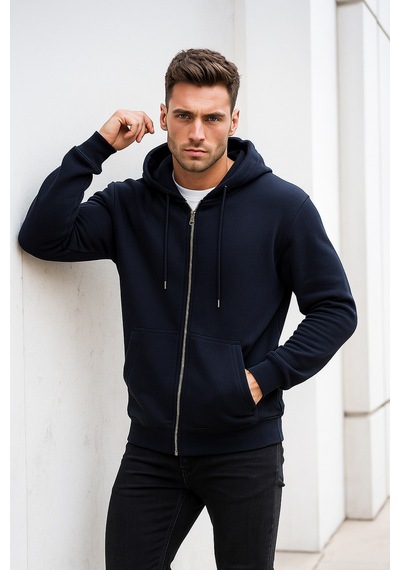 Rich Erkek Lacivert Kapüşonlu Kanguru Cepli Fermuarlı Sweatshirt Lacivert