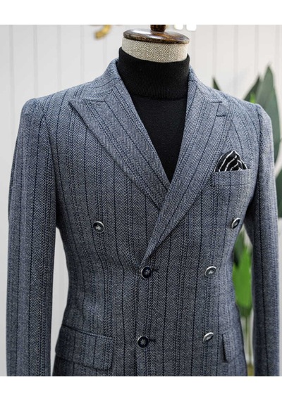 Bys Beystil Sivri Yaka Lacivert Çizgili Kruvaze Ceket 52731 - Slim Fit