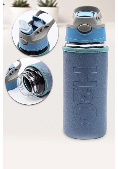 Deri Kılıflı Pipetli Cam Matara - 500 Ml-h2o87152 Mavi
