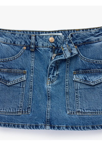 Koton Kargo Cepli Mini Denim Şort Etek Orta İndigo 6sal70031md