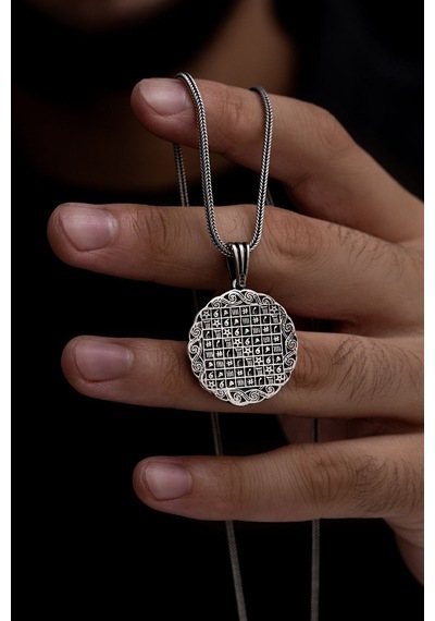 İsmi Azam Ve Yedi Ayetler Vefki Çift Taraflı Unisex 925 Gümüş Işıklı Kutuda Kolye