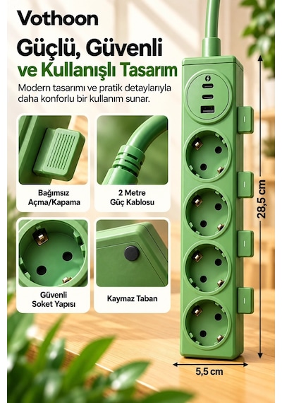 4 Lü Akıllı Priz Tek Dokunuşla Fiş Çıkarma 2 Metre Kablo 2 Type-c + Usb 15w Hızlı Şarj 3680w Najmaddin Belirtilmemiş