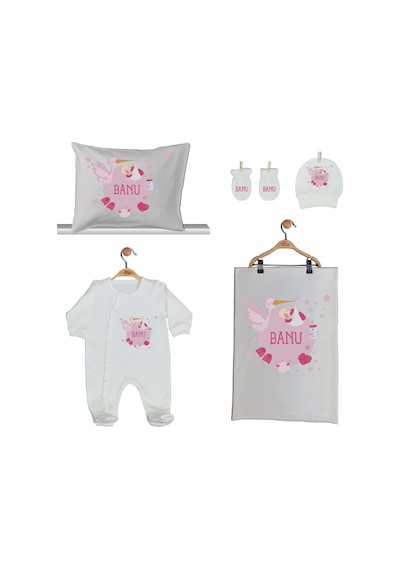 Pia Baby Gl 2005 İsme Özel Leylekli Beşli Tulum Set Krem