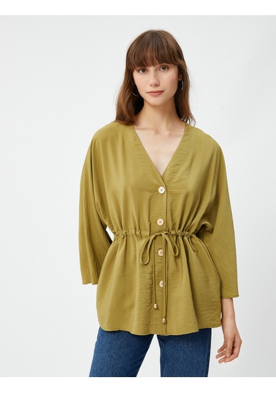 Koton Düğmeli Kimono Bluz Beli Bağlamalı Kısa Kollu Dokulu Haki 4wak50102uw