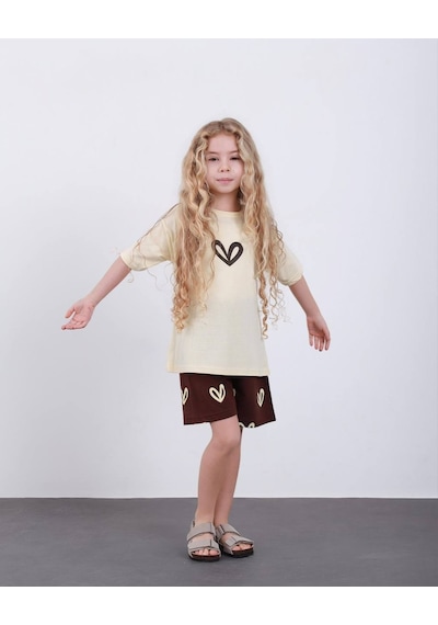 Miniko Kids Kız Çocuk Kalp Modelli Pamul Şortlu Takım Ekru