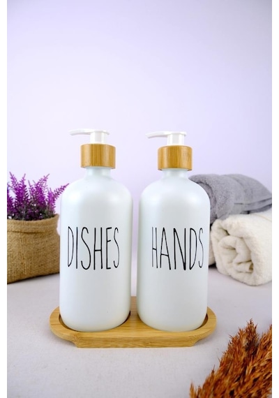 Digithome 2 Li Ahşap Standlı Cam Sıvı Sabun Ve Bulaşık Deterjanı Şişesi Sabunluk Beyaz 500 Ml - G/13 C1-1-289