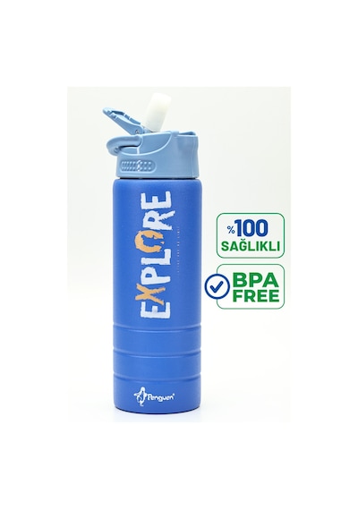 Paslanmaz 304 Çelik Matara Pipetli Motivasyon Matarası Suluğu 304 Çelik Suluk Mavi 750 Ml 1156 Mavi
