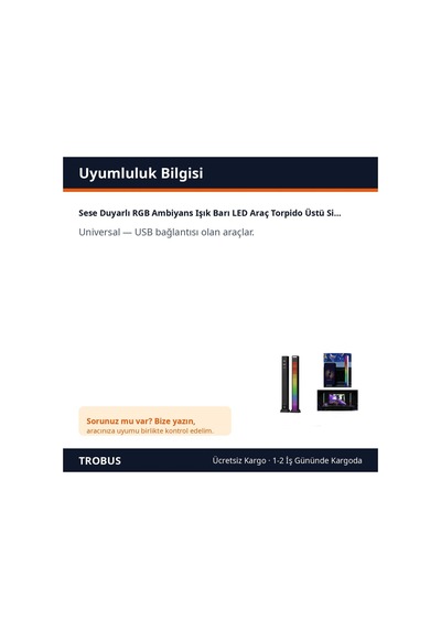 Trobus Sese Duyarlı Rgb Ambiyans Işık Barı Led Araç Torpido Üstü Siyah