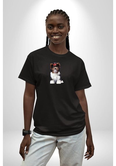 Biewer Yorshire Terrier Siyah Oversize Unisex Ön Orta Minimal Baskılı Tişört Siyah