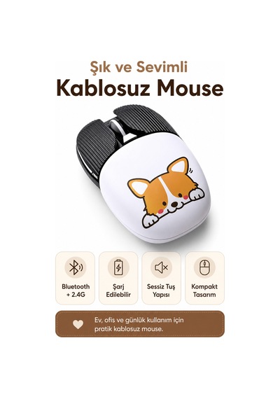 Şarjlı Bluetooth 2.4g Sessiz Kablosuz Mouse Köpek Desenli Çok Renkli Diğer