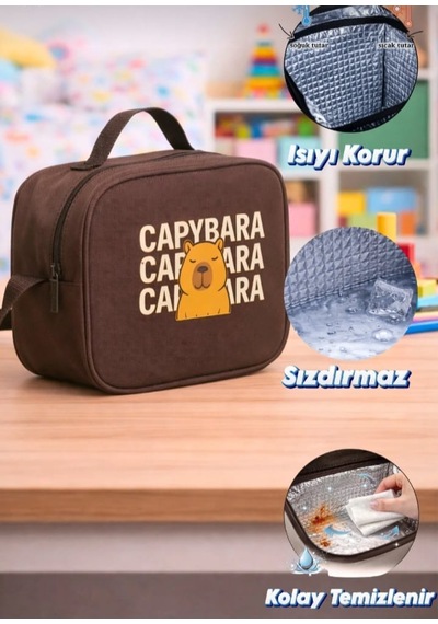 Capybara Desenli 3 Parça İlkokul Ortaokul Çanta Seti Sırt Çantası Beslenme Çantası Kalemlik Kahverengi