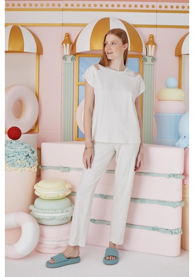 Sevim Kadın Kısa Kol Bej Melanj Pijama Takım C1t7n651 001