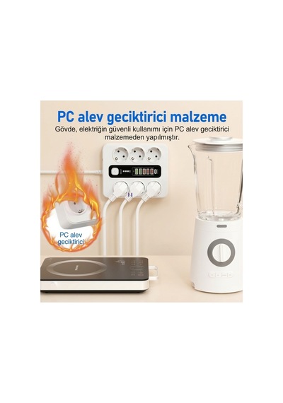 Termal Akım Korumalı 3000w 6 Lı Priz 2m Kablo 5 Usb + 1 Type-c Pd Hızlı Şarj - 936827116