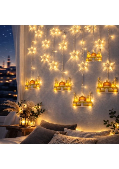 Ramazan Led Perde Lamba 3m Fişli, Eklemeli - Sarı Cami Ve Yıldız