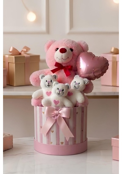 Pembe Peluş Ayıcık Buketi Hediye Kutusu Kalpli Balonlu Sevimli Ayı Seti Sevgiliye, Arkadaşa & Bebek Hediyesi