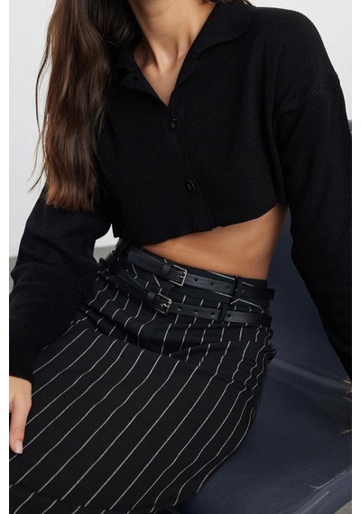 Ersefa Kadın Modern Tarz Regular Polo Yaka Crop Triko Hırka Siyah