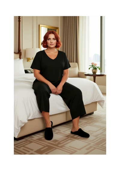 Ersefa Kadın V Yaka Örme Pijama Takımı Fonksiyonel Dayanıklı Kaliteli Ko Siyah