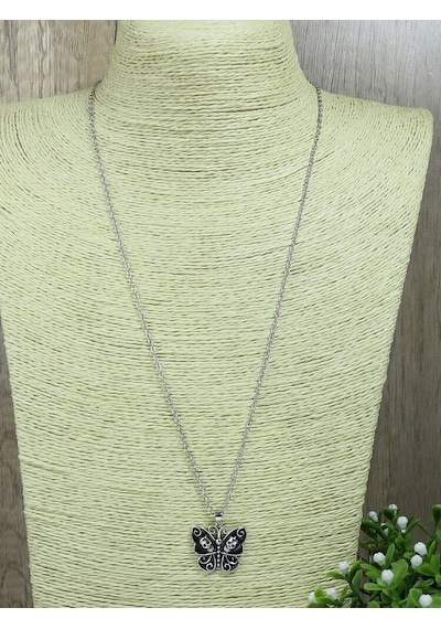Retro Vintage Gotik Zincirli Kelebek Kuru Kafa Kolye Gümüş