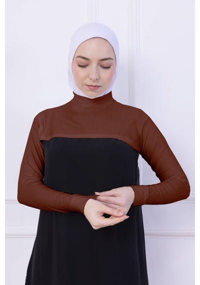 Loggia Balıkçı Yaka Boyunluklu Kolluk Kiremit - Likralı Dik Yakalı Kadın Body Tesettür Crop Bolero Kiremit