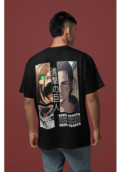 Attack On Titan Eren Yeager Sırt Baskılı Unisex Oversize Anime Ti Siyah