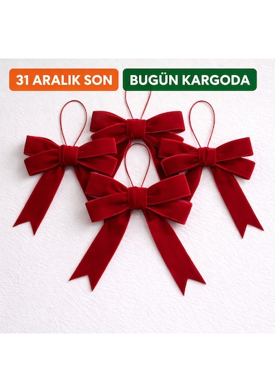 Premium Kadife El Emeği- 5li Yılbaşı Ağaç Süsü Fiyonk Seti -kurdele Fiyonk Noel Ağacı Süsleme Kırmızı