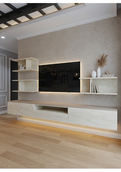 Resital Ledli Duvara Monte Tv Sehpası - Traverten - W6014-8 Çok Renkli